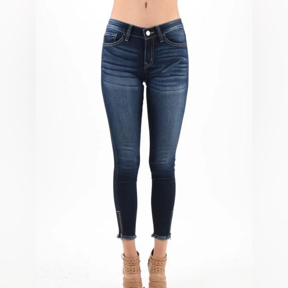 KanCan Mid-Ross Skinny Jeans with Ankle Zipper & Fringe Hem